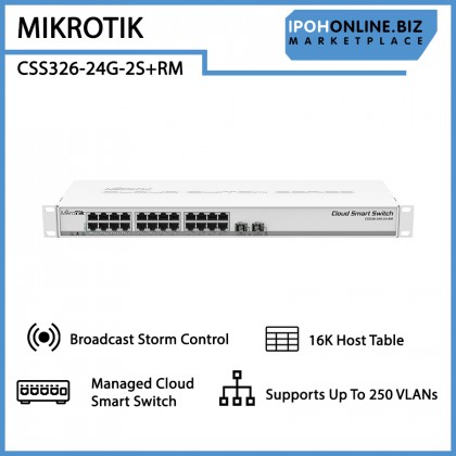 MIKROTIK CSS326-24G-2S+RM Cloud Smart Switch 24 port Gigabit + 10G SFP+ L3 Managed VLAN LACP RSTP Jumbo Frame MIKROTIK CSS326-24G-2S+RM Cloud Smart Switch 24 port Gigabit + 10G SFP+ L3 Managed VLAN LACP RSTP Jumbo Frame